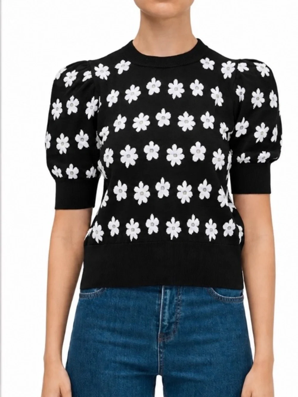 kate spade Black Daisy Puff-Sleeve Knit Top as seen on riverdale